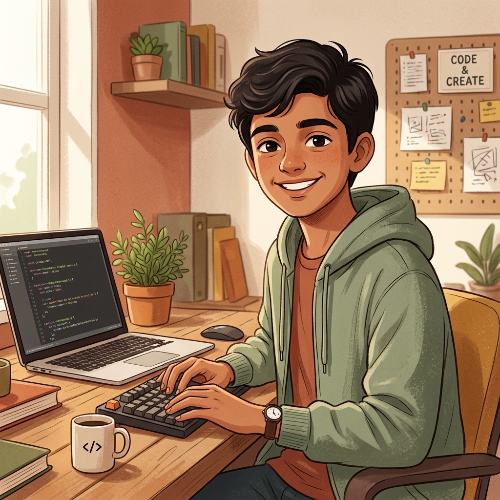 Ishaan Dalvi - 14yo Coder and Builder working on a laptop in his workspace